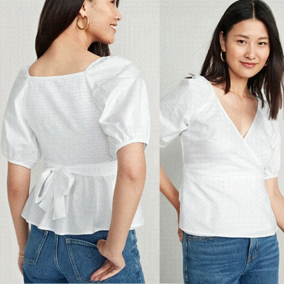 Old Navy Wrap Tie Blouse Top Shirt 100% Cotton Shirred Smocked Short Sleeve - Picture 1 of 12